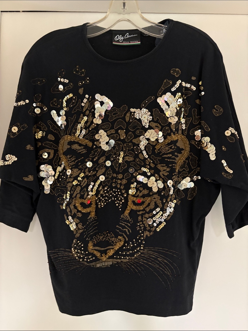 Oleg Cassini Black Sequin Leopard Face Top with Gold & Red Accents